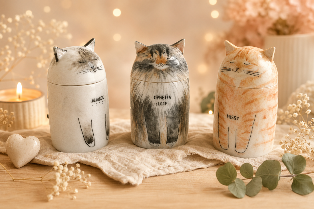 Before and after: pet photo transformed into hand-painted ceramic memorial urn
