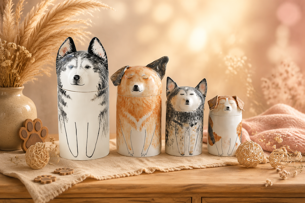 Custom hand-painted dog portrait memorial urn in Jingdezhen ceramic