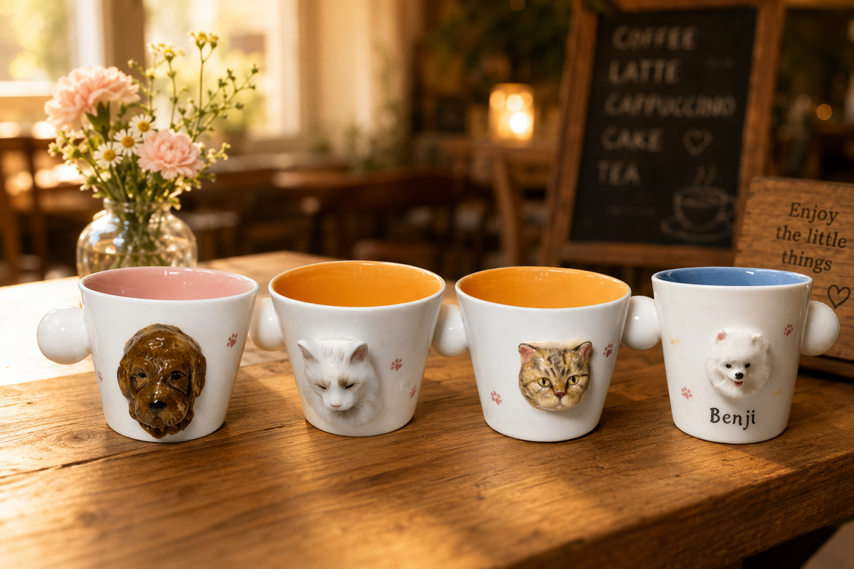 Custom pet portrait no-handle mug with 3D relief hand-painted ceramic