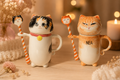Custom hand-painted cat coffee mug set with matching stirrer Jingdezhen ceramic