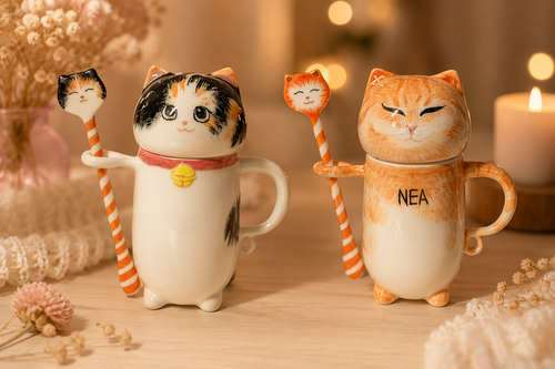 Custom hand-painted cat coffee mug set with matching stirrer Jingdezhen ceramic