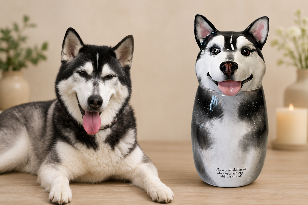 Custom hand-painted dog portrait memorial urn in Jingdezhen ceramic