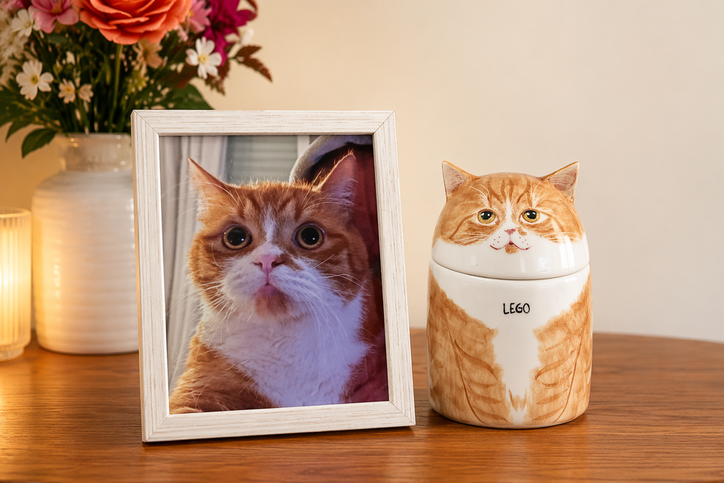 Custom hand-painted cat portrait memorial urn in Jingdezhen ceramic