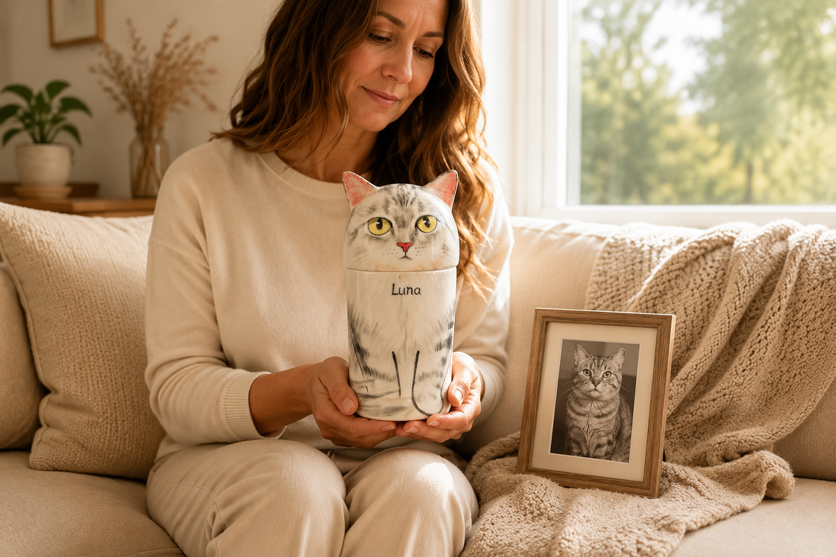 Custom hand-painted cat portrait memorial urn in Jingdezhen ceramic