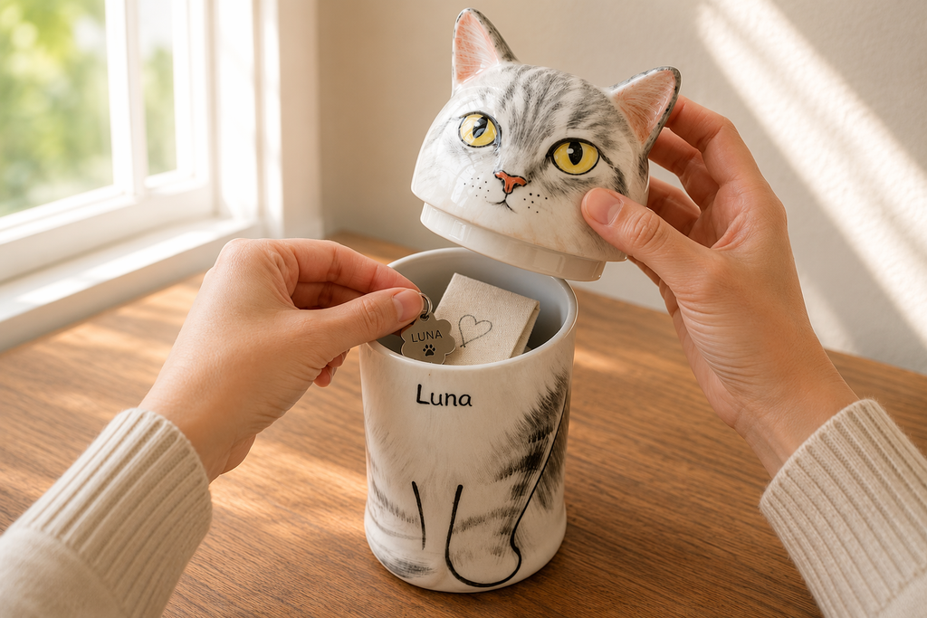 Custom hand-painted cat portrait memorial urn in Jingdezhen ceramic