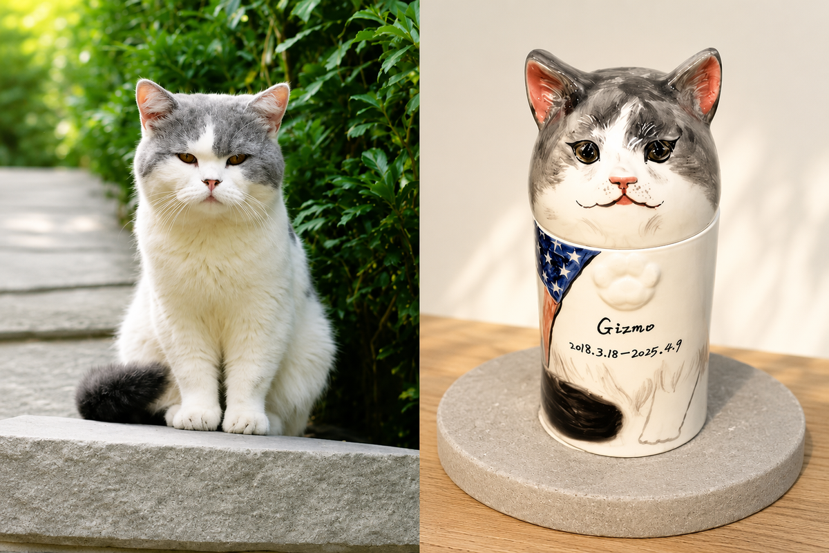 Custom hand-painted cat portrait memorial urn in Jingdezhen ceramic