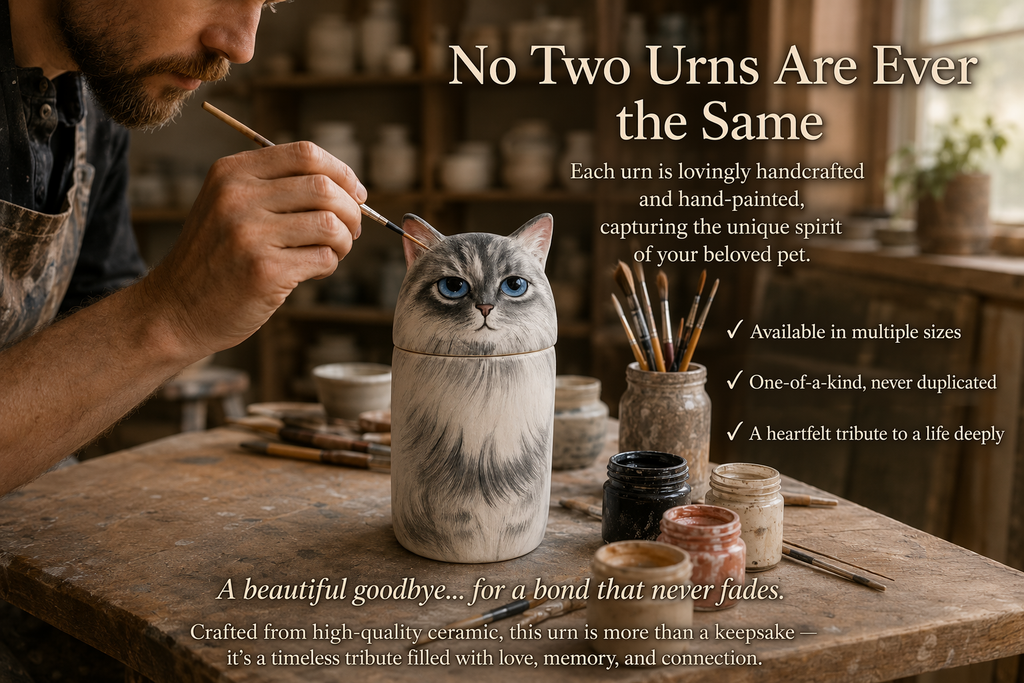 Custom hand-painted cat portrait memorial urn in Jingdezhen ceramic
