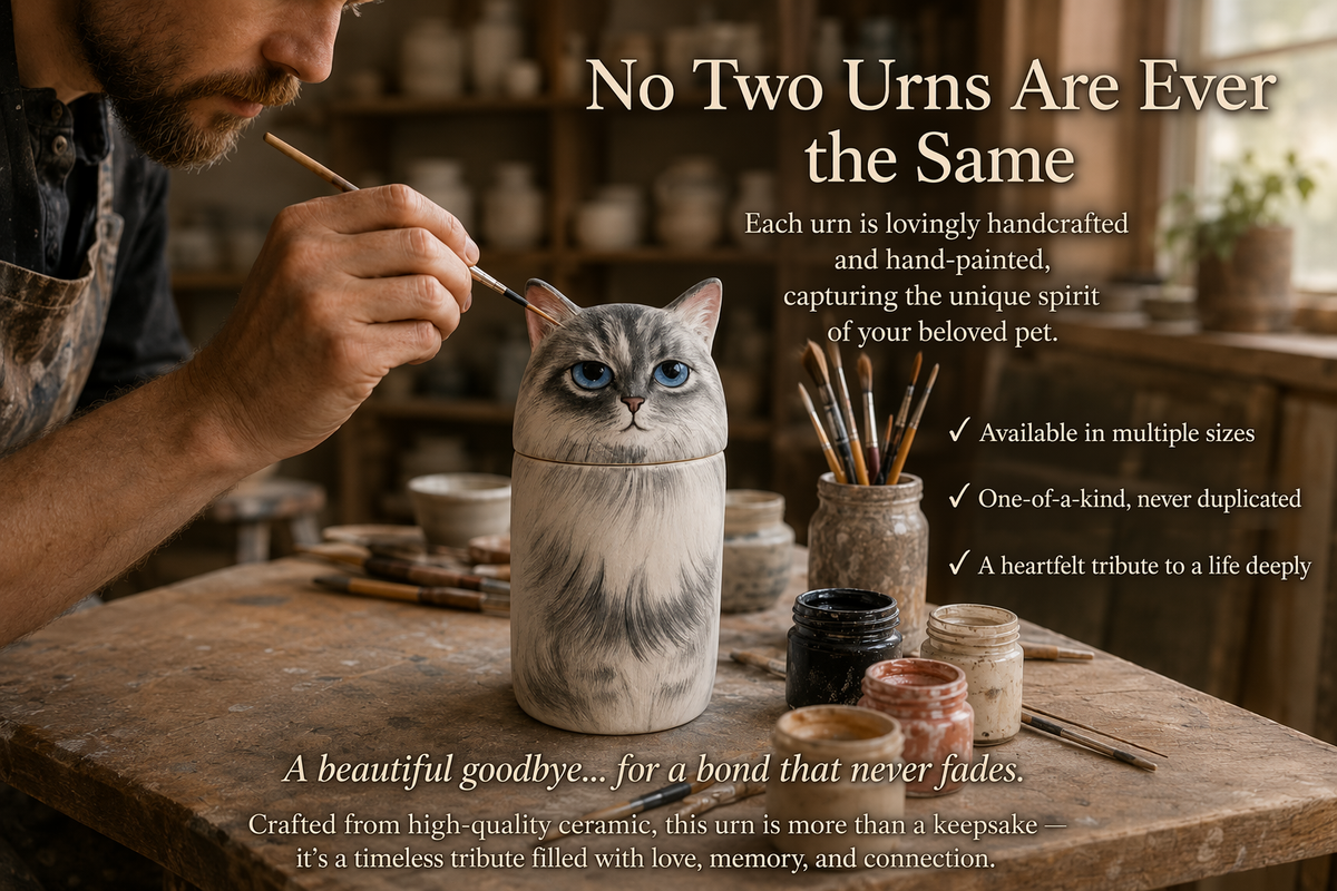Custom hand-painted cat portrait memorial urn in Jingdezhen ceramic