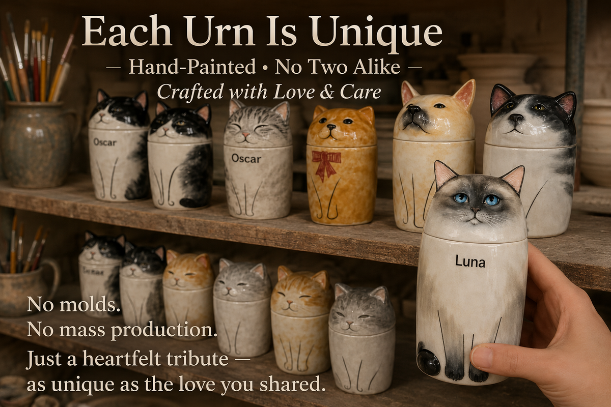 Custom hand-painted cat portrait memorial urn in Jingdezhen ceramic