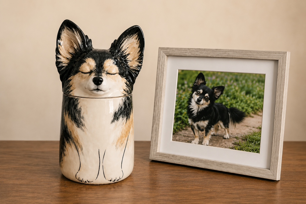 Custom hand-painted dog portrait memorial urn in Jingdezhen ceramic
