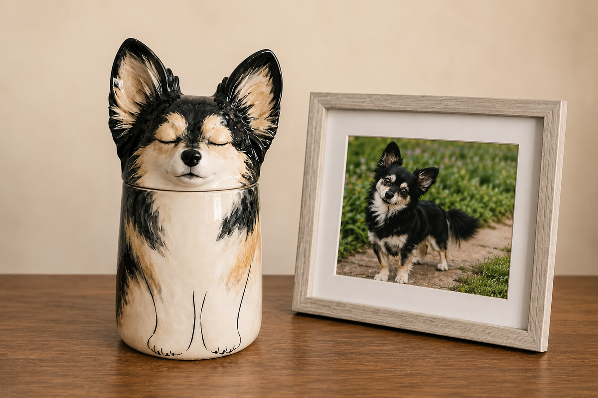 Custom hand-painted dog portrait memorial urn in Jingdezhen ceramic